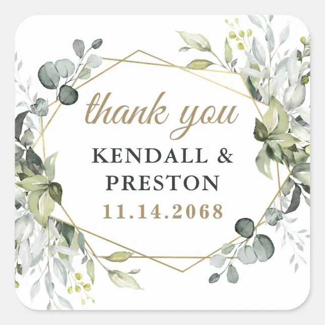 Geometric Greenery Elegant Gold Wedding Thank You Square Sticker | Zazzle