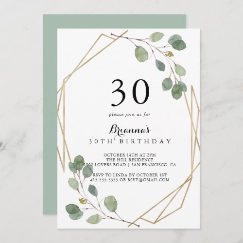 Geometric Greenery Eucalyptus 30th Birthday Party Invitation