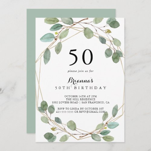 Geometric Greenery Eucalyptus 50th Birthday Party Invitation