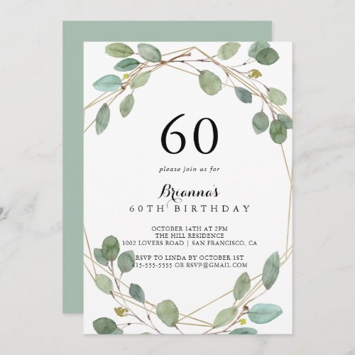 Geometric Greenery Eucalyptus 60th Birthday Party Invitation