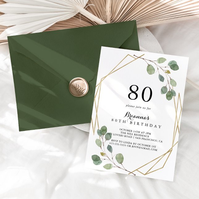 Geometric Greenery Eucalyptus 80th Birthday Party Invitation (Creator Uploaded)