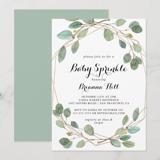 Geometric Greenery Eucalyptus Baby Sprinkle Invitation (Front/Back)