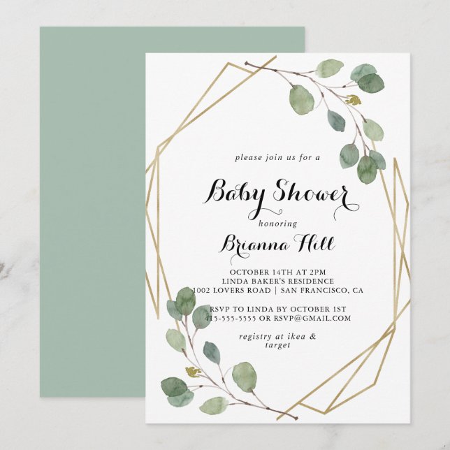 Geometric Greenery Eucalyptus Foliage Baby Shower Invitation (Front/Back)