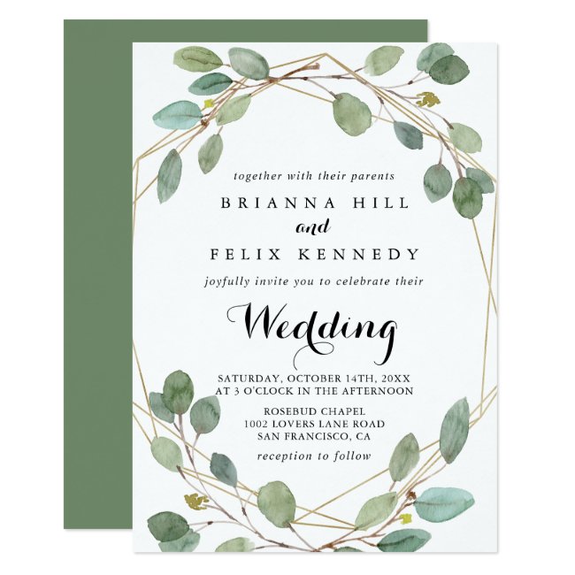 Geometric Greenery Eucalyptus Front & Back Wedding Invitation