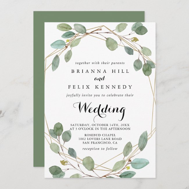 Geometric Greenery Eucalyptus Front & Back Wedding Invitation