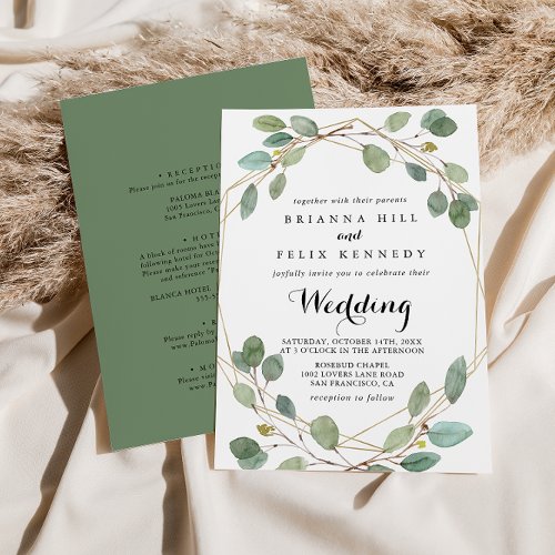 Geometric Greenery Eucalyptus Front  Back Wedding Invitation