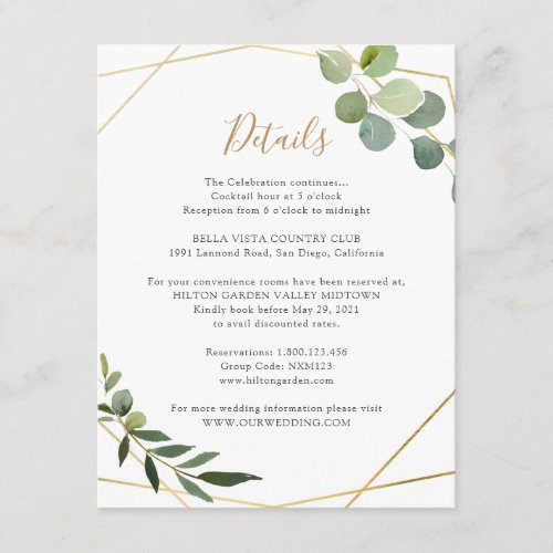 Geometric Greenery Eucalyptus Information Details Enclosure Card - Designed to coordinate with our Mixed Greenery wedding collection, this customizable Details card features a gold geometric frame adorned by watercolor greenery foliage with gold and gray text. To make advanced changes, please select "Click to customize further" option under Personalize this template.