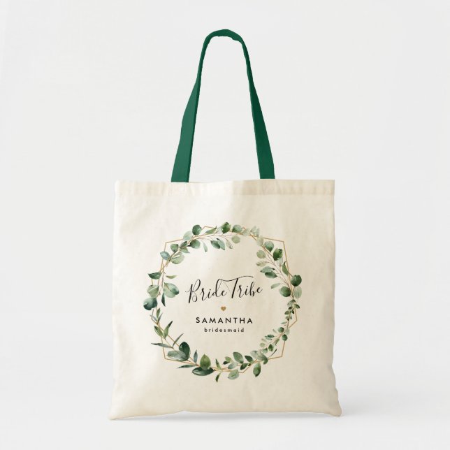 Geometric Greenery Eucalyptus Leaves Bridal Party Tote Bag (Front)