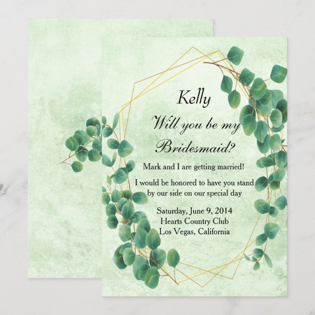 Geometric Greenery Eucalyptus Leaves Bridesmaid Invitation (Front/Back)