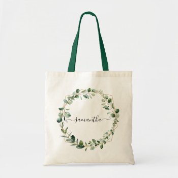 Geometric Greenery Eucalyptus Leaves Personalized Tote Bag by PeachBloome at Zazzle