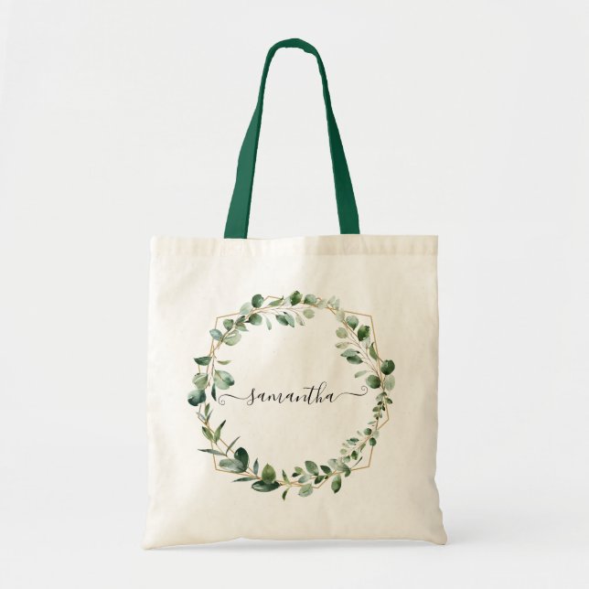 Geometric Greenery Eucalyptus Leaves Personalized Tote Bag (Front)