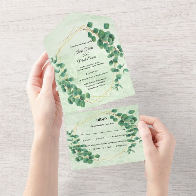Geometric Greenery Eucalyptus Leaves Wedding All In One Invitation (Tearaway)