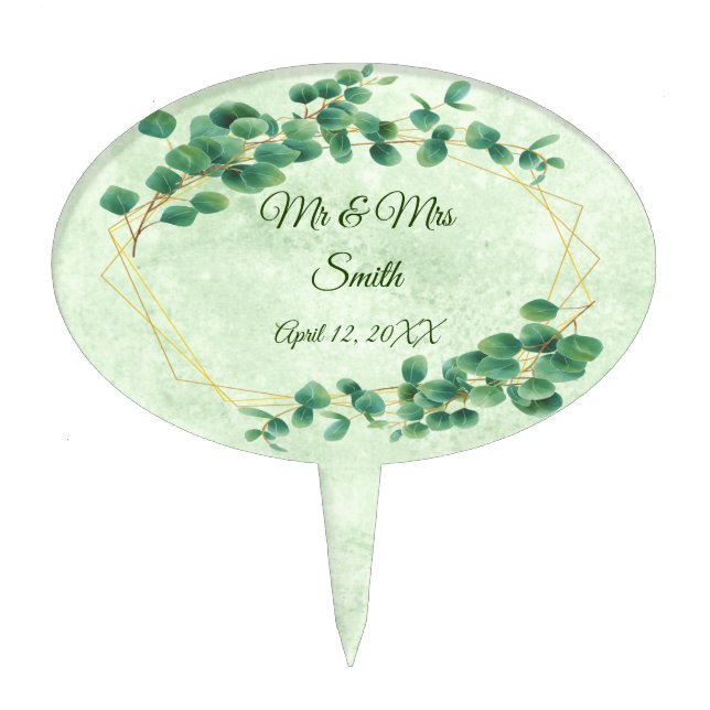 Geometric Greenery Eucalyptus Leaves Wedding Cake Topper (Front)