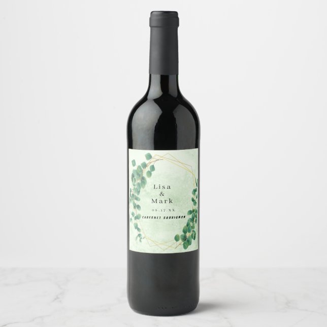 Geometric Greenery Eucalyptus Leaves  Wine Label (Front)