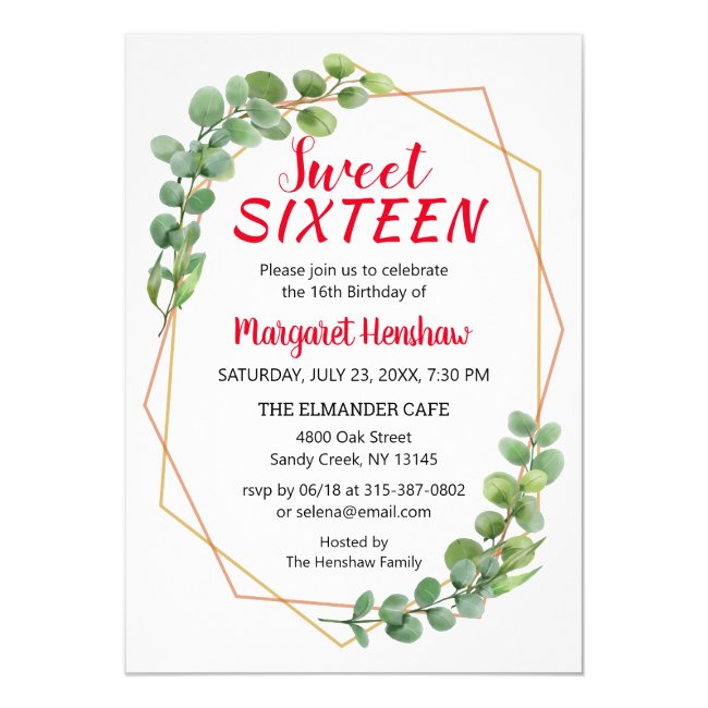 Geometric Greenery Eucalyptus Modern Sweet 16 Invitation