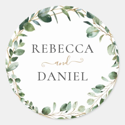 Geometric Greenery Eucalyptus Personalized Wedding Classic Round Sticker