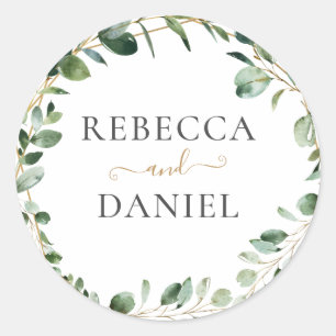 Geometric Greenery Eucalyptus Personalized Wedding Classic Round Sticker
