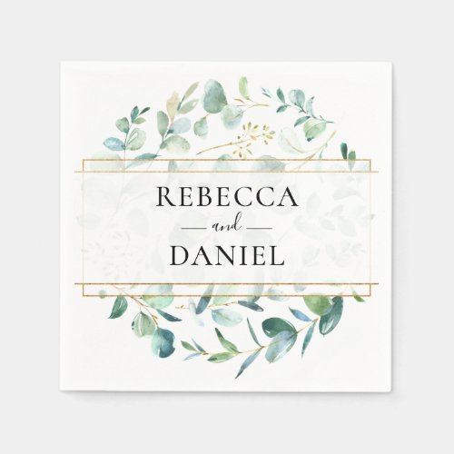 Geometric Greenery Eucalyptus Personalized Wedding Napkins