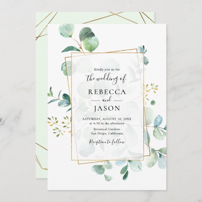 Geometric Greenery Eucalyptus Wedding Invitation (Front/Back)
