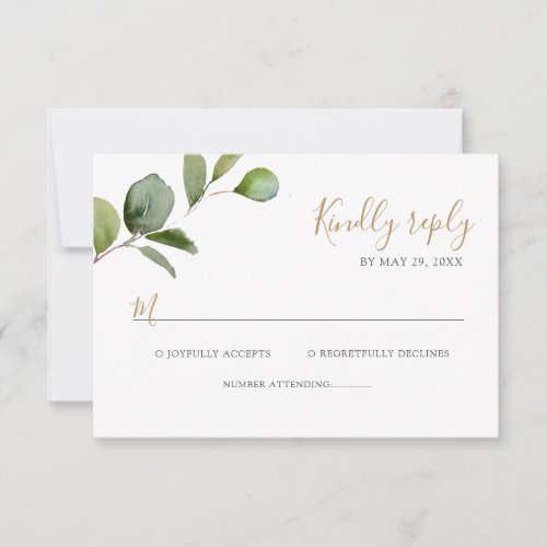 Geometric Greenery Eucalyptus Wedding RSVP Card - Designed to coordinate with our Mixed Greenery wedding collection, this customizable RSVP card features a watercolor eucalyptus branch paired with gold and gray text. To make advanced changes, go to "Click to customize further" option under Personalize this template.