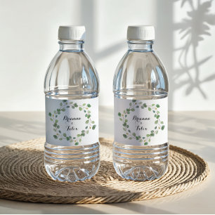 Geometric Greenery Foliage Calligraphy Wedding Water Bottle Label