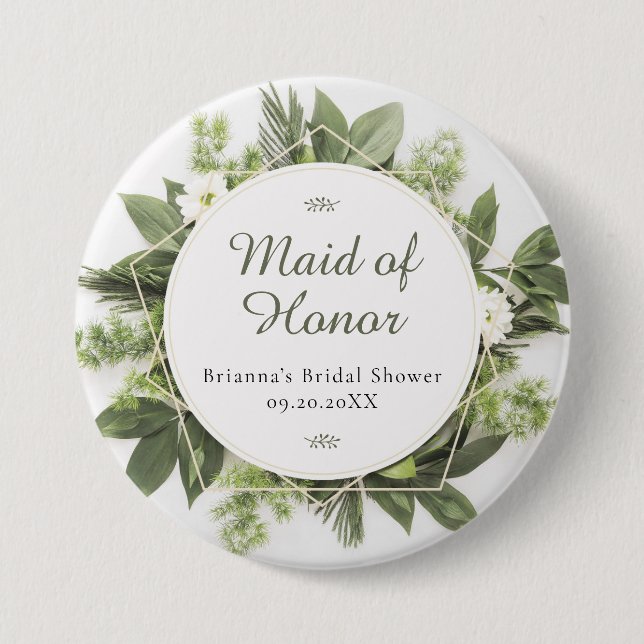 Geometric Greenery Foliage Frame Bridal Party Role Button (Front)