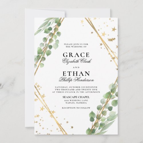 Geometric Greenery Gold Frame Eucalyptus Wedding Invitation