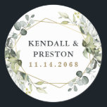 Geometric Greenery Modern Gold Succulent Wedding Classic Round Sticker<br><div class="desc">Design features eucalyptus,  succulents and greenery elements in shades of dusty sage and blue/gray with a printed gold colored geometric terrarium border wreath frame.</div>