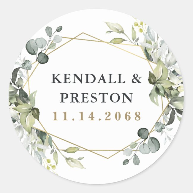 Geometric Greenery Modern Gold Succulent Wedding Classic Round Sticker