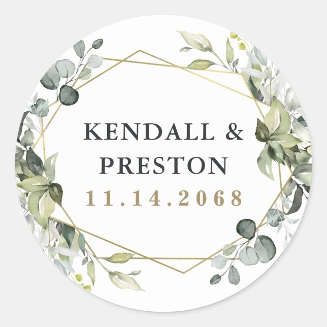 Geometric Greenery Modern Gold Succulent Wedding Classic Round Sticker (Front)