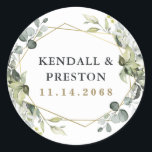 Geometric Greenery Modern Gold Succulent Wedding Classic Round Sticker<br><div class="desc">Design features eucalyptus,  succulents and greenery elements in shades of dusty sage and blue/gray with a printed gold colored geometric terrarium border wreath frame.</div>