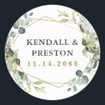 Geometric Greenery Modern Gold Succulent Wedding Classic Round Sticker<br><div class="desc">Design features eucalyptus,  succulents and greenery elements in shades of dusty sage and blue/gray with a printed gold colored geometric terrarium border wreath frame.</div>
