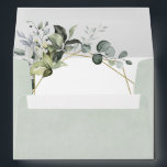 Geometric Greenery Modern Gold Succulent Wedding Envelope<br><div class="desc">Design (inside) features eucalyptus,  succulents and greenery elements in shades of dusty sage and blue/gray with a printed gold colored geometric terrarium border wreath frame. The exterior features a dusty sage green natural matching watercolor background.</div>