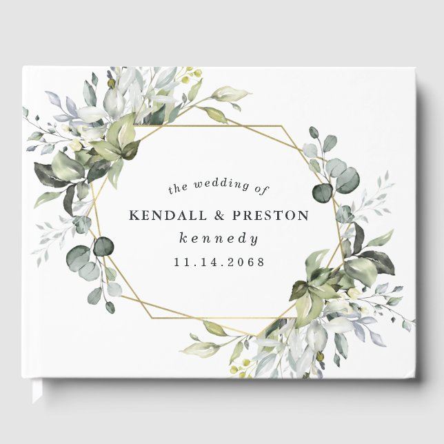 Geometric Greenery Modern Gold Succulent Wedding Guest Book (Front)