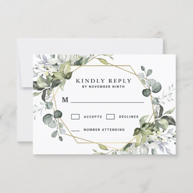 Geometric Greenery Modern Gold Succulent Wedding RSVP Card