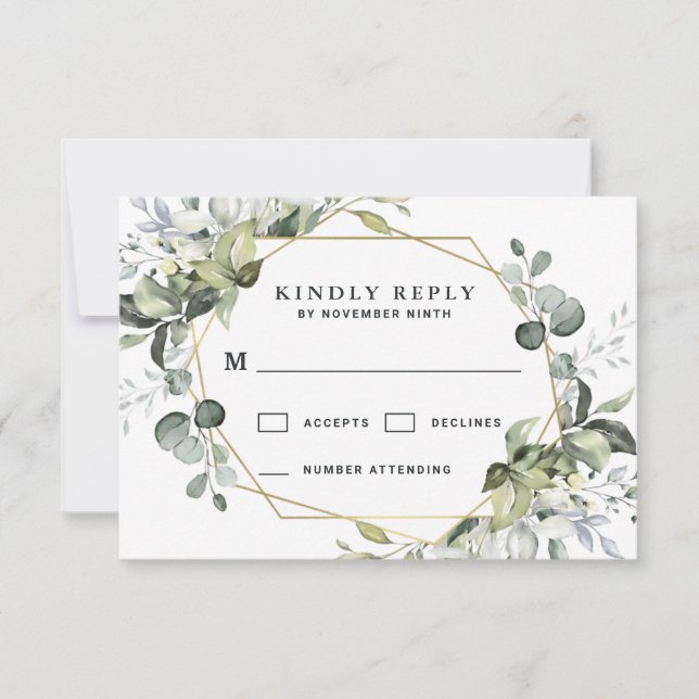 Geometric Greenery Modern Gold Succulent Wedding RSVP Card (Front)