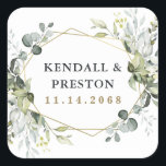 Geometric Greenery Modern Gold Succulent Wedding Square Sticker<br><div class="desc">Design features eucalyptus,  succulents and greenery elements in shades of dusty sage and blue/gray with a printed gold colored geometric terrarium border wreath frame.</div>