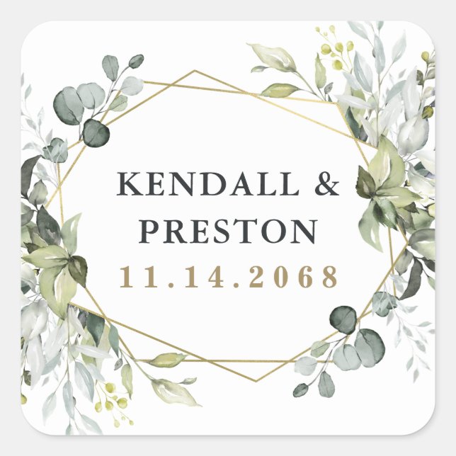 Geometric Greenery Modern Gold Succulent Wedding Square Sticker (Front)
