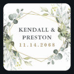 Geometric Greenery Modern Gold Succulent Wedding Square Sticker<br><div class="desc">Design features eucalyptus,  succulents and greenery elements in shades of dusty sage and blue/gray with a printed gold colored geometric terrarium border wreath frame.</div>