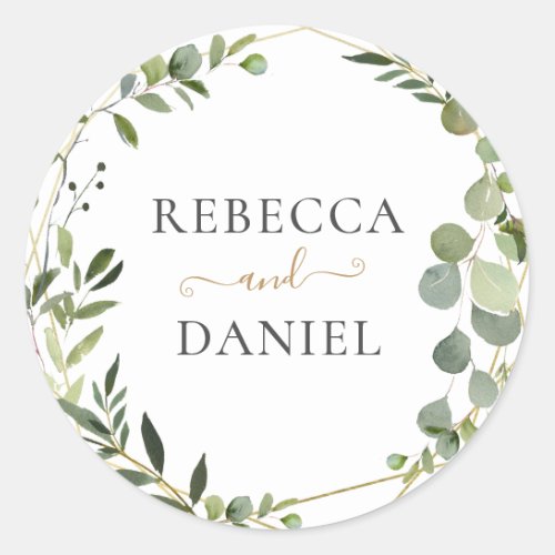 Geometric Greenery Personalized Wedding Classic Round Sticker - Designed to coordinate with our Mixed Greenery wedding collection, this customizable sticker features a gold geometric frame adorned by watercolor greenery foliage with gold and gray text. To make advanced changes, go to "Click to customize further" option under Personalize this template.