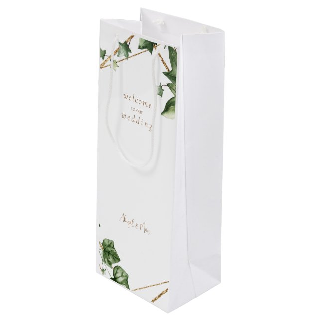 Geometric Greenery Welcome to our Wedding Custom Wine Gift Bag (Front Angled)