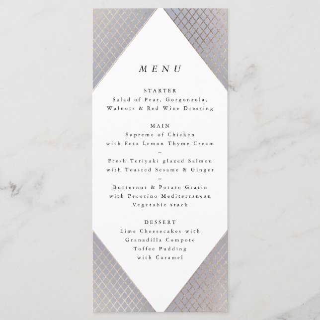 Geometric Grey Gold Gatsby Tall Wedding Menu (Front)