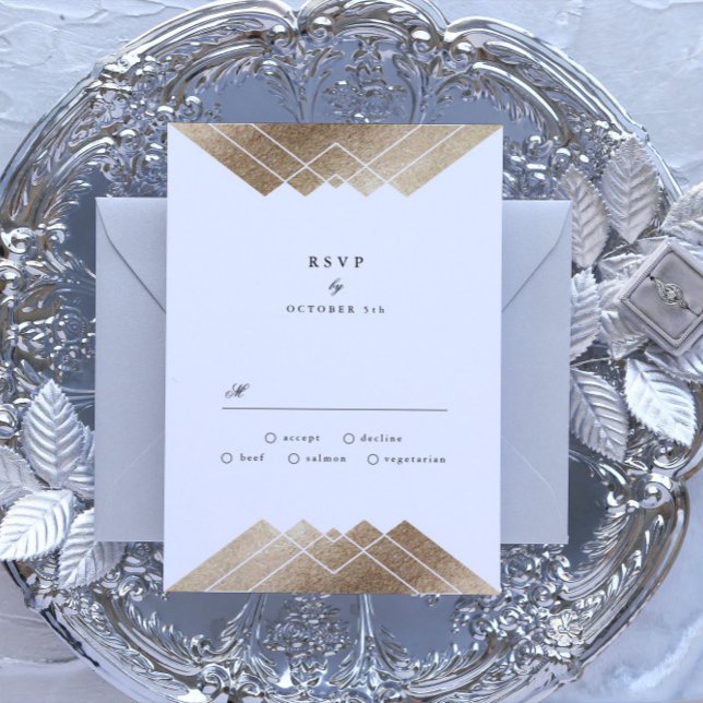 Geometric Grey Gold Gatsby Wedding RSVP Card (Creator Uploaded)