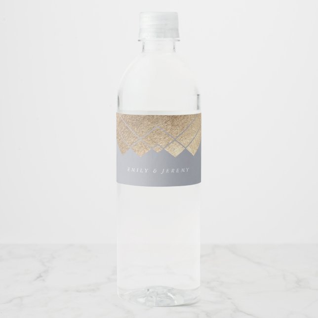 Geometric Grey Gold Gatsby Wedding Water Bottle Label (Front)