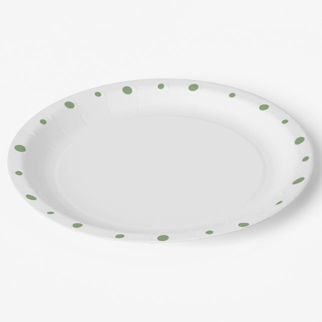 Geometric Grey Soft Green Polka Dots Trim Paper Plates (Angled)