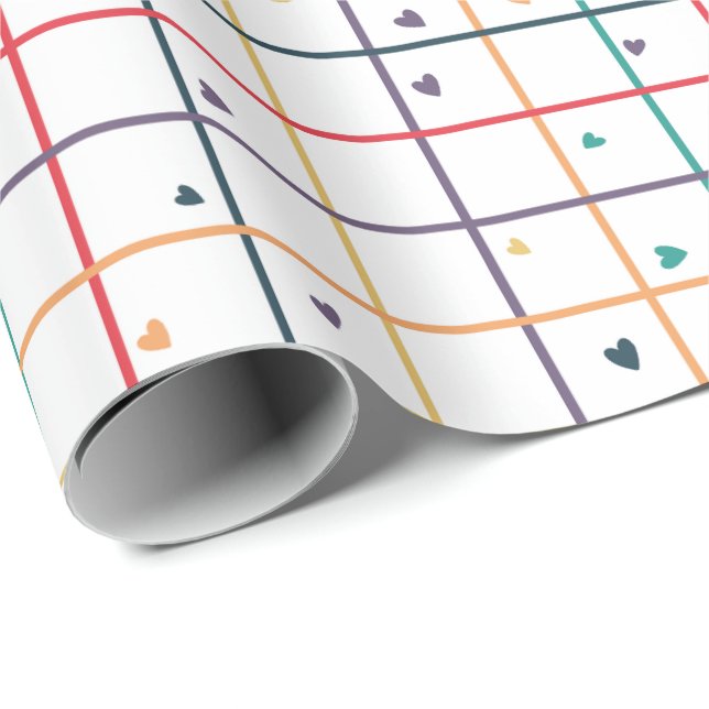 Geometric Grid Pattern with Scattered Hearts Wrapping Paper (Roll Corner)