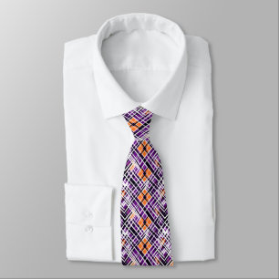 Geometric Halloween Plaid - Purple, Orange, White Neck Tie