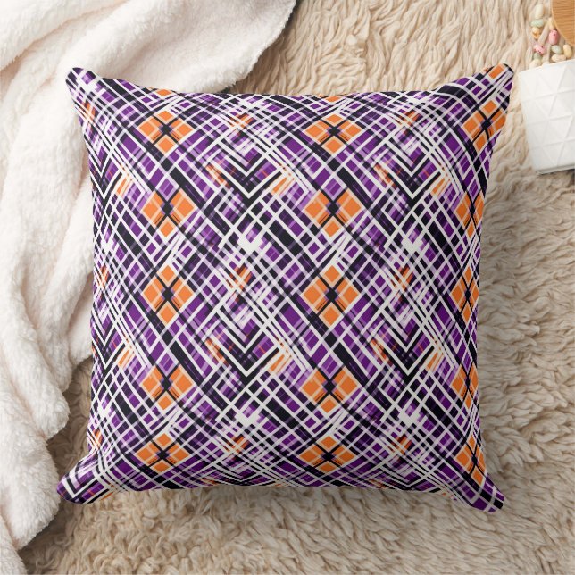Geometric Halloween Plaid - Purple, Orange, White Throw Pillow (Blanket)