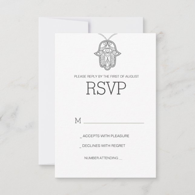 Geometric Hamsa wedding RSVP card-gray (Front)