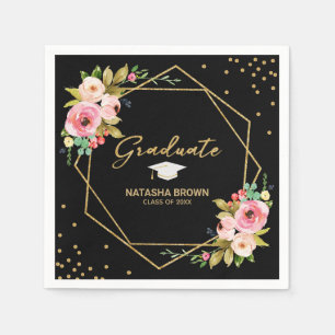 Geometric Hand Lettering Gold Glitter Graduation Napkins